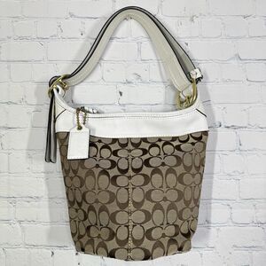 VTG Coach Bleecker Bucket Bag Beige Signature Canvas & White Leather Trim Purse